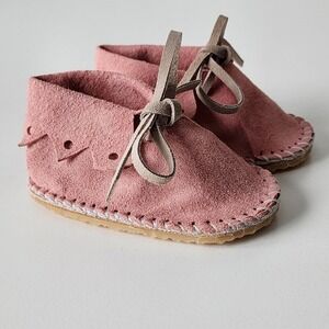 Suede‎ Moccasin Booties 4.5" Pink Fringe Lace Up Boho Fairycore Baby Girl Shoes